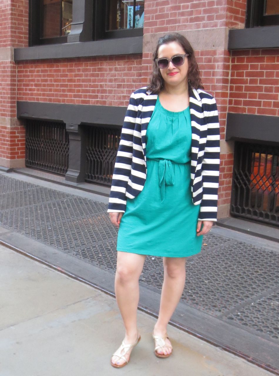 Green Dress and Striped Blazer