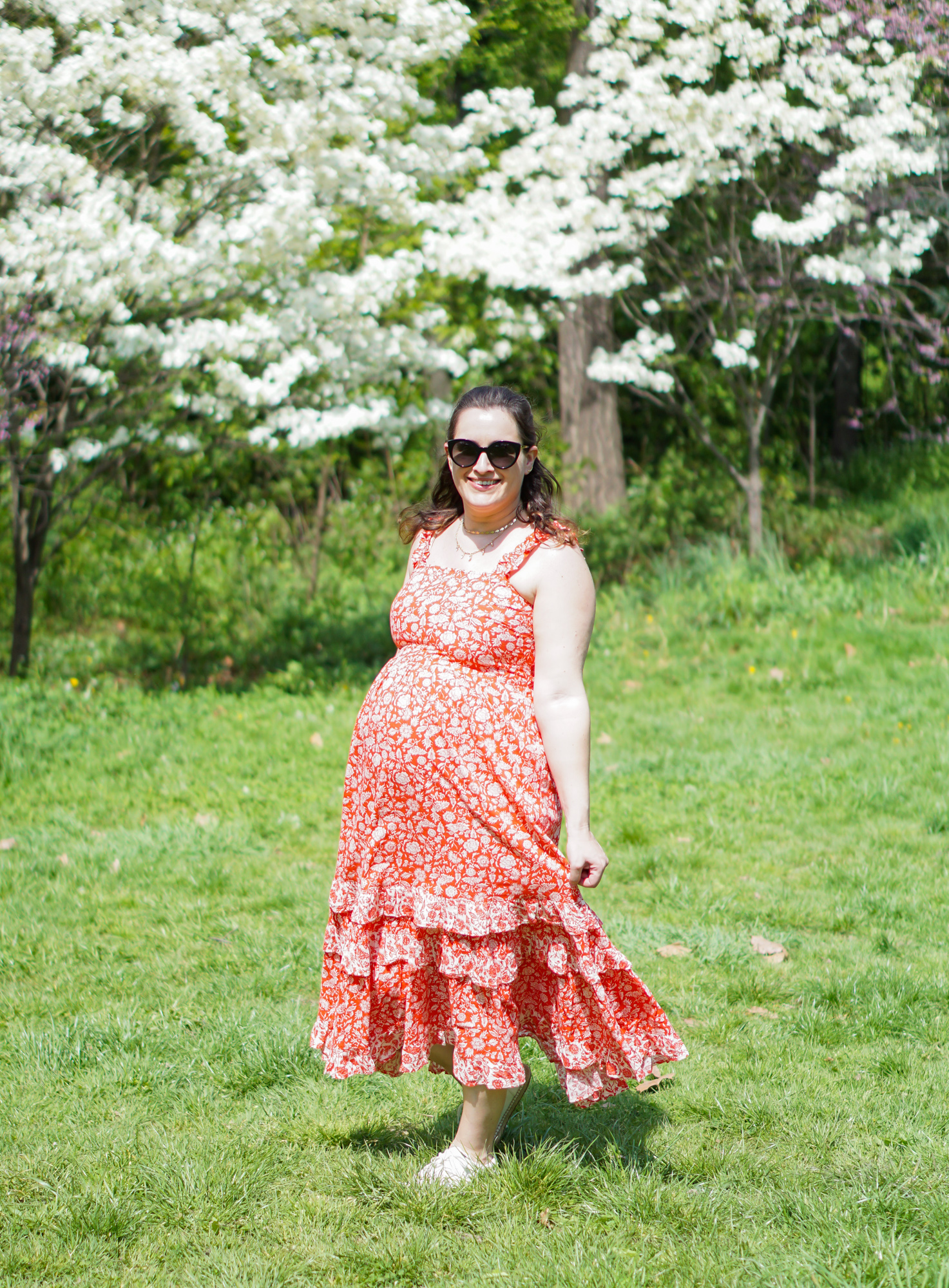Red and white floral dress