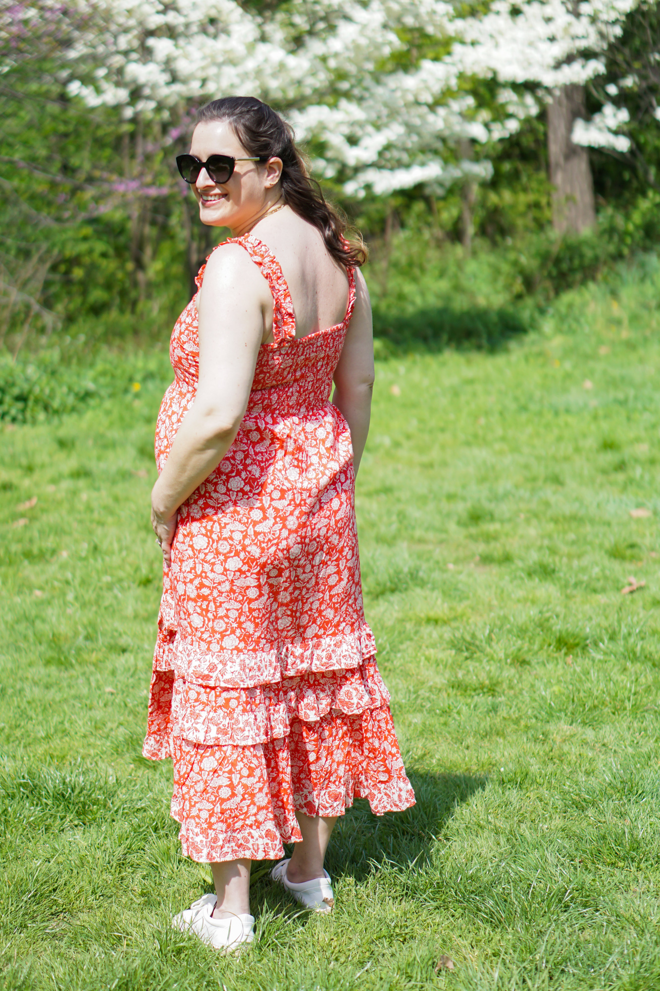 Red and white floral dress